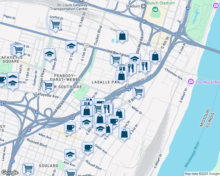 map of restaurants, bars, coffee shops, grocery stores, and more near 900 Rutger Street in St. Louis