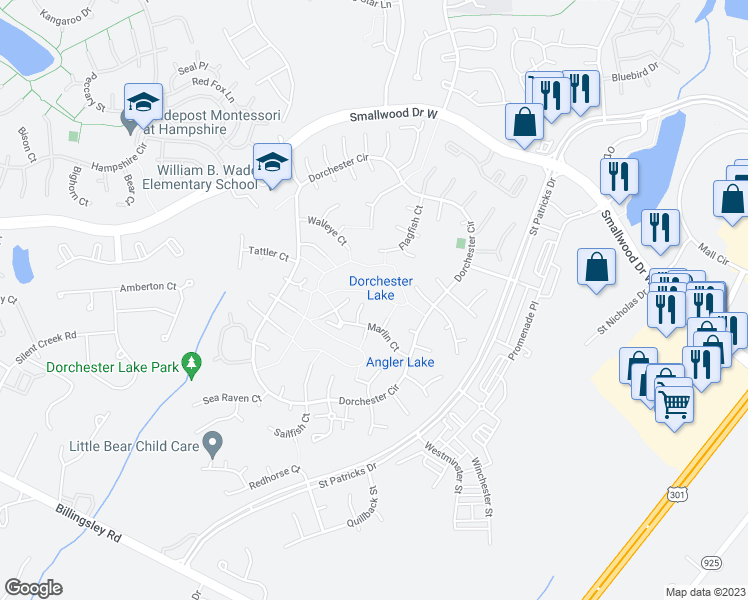 map of restaurants, bars, coffee shops, grocery stores, and more near 5307 Moray Court in Waldorf