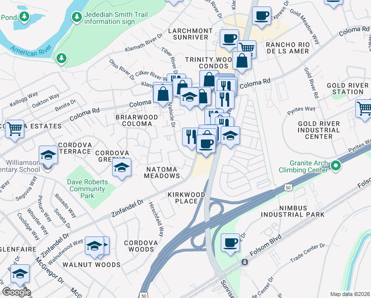 map of restaurants, bars, coffee shops, grocery stores, and more near 2341 Vehicle Drive in Rancho Cordova