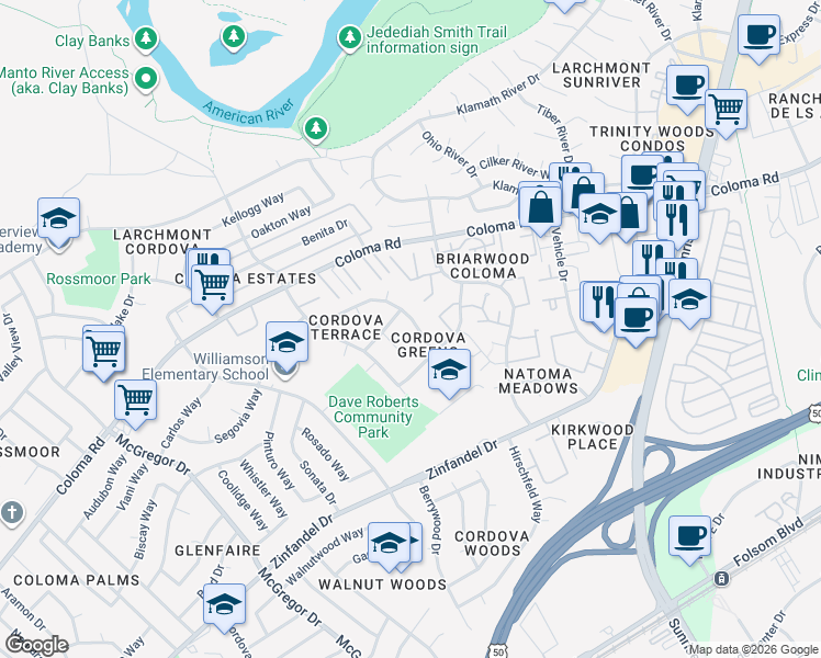 map of restaurants, bars, coffee shops, grocery stores, and more near 2258 Cervantes Drive in Rancho Cordova