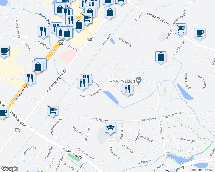 map of restaurants, bars, coffee shops, grocery stores, and more near 41 Industrial Park Drive in Waldorf