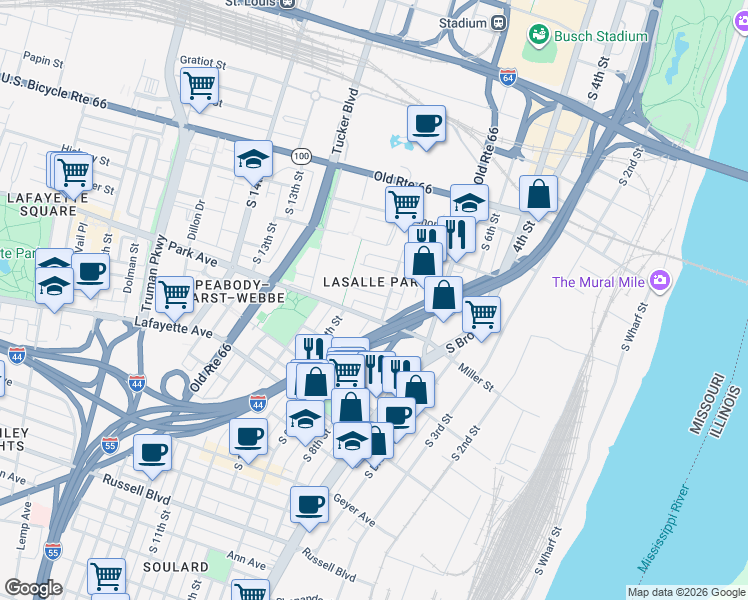 map of restaurants, bars, coffee shops, grocery stores, and more near in St. Louis