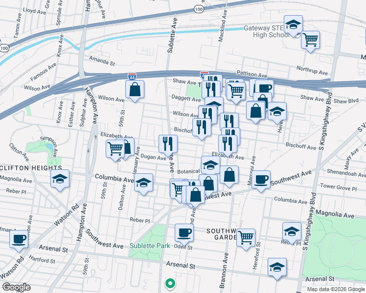 map of restaurants, bars, coffee shops, grocery stores, and more near 5437 Dempsey Avenue in St. Louis