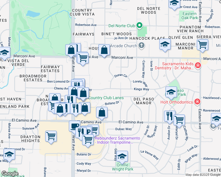 map of restaurants, bars, coffee shops, grocery stores, and more near 2950 Kings Way in Sacramento