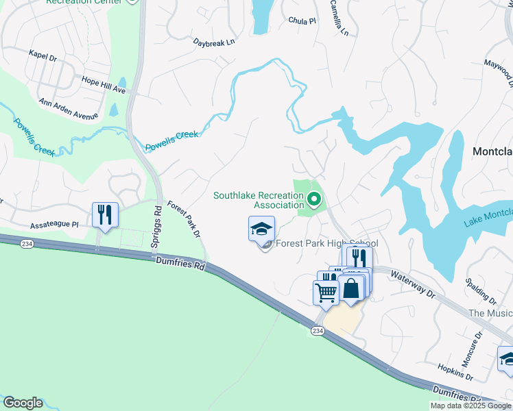 map of restaurants, bars, coffee shops, grocery stores, and more near 15721 Forest Park Drive in Woodbridge