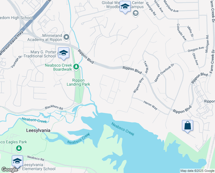 map of restaurants, bars, coffee shops, grocery stores, and more near 1851 Rippon Boulevard in Woodbridge