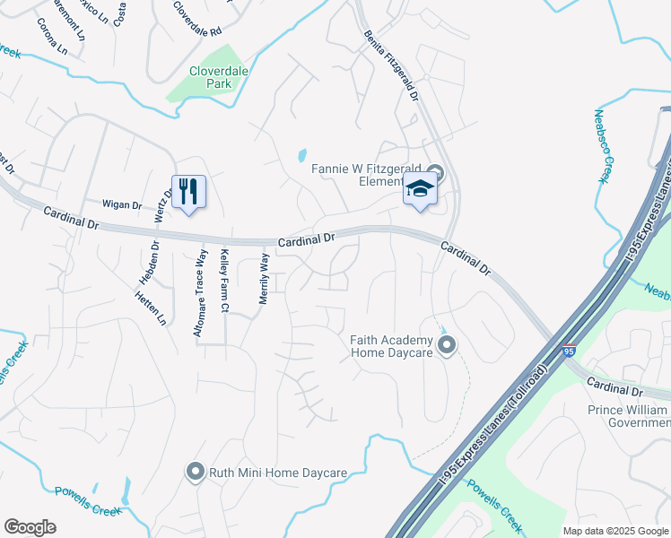map of restaurants, bars, coffee shops, grocery stores, and more near 15549 Travailer Court in Woodbridge