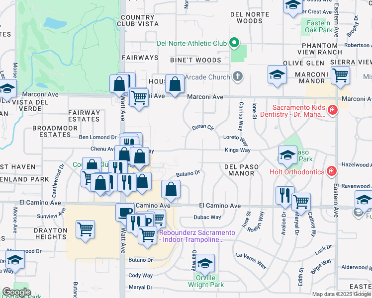 map of restaurants, bars, coffee shops, grocery stores, and more near 3733 Kings Way in Sacramento