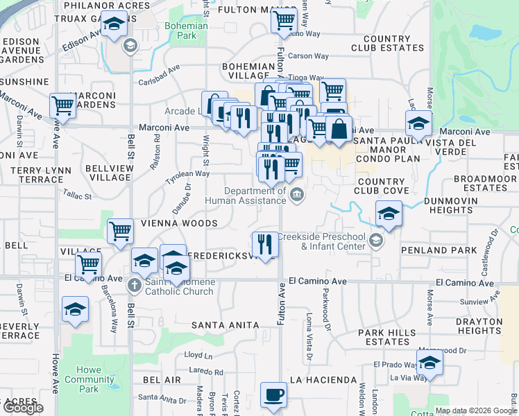 map of restaurants, bars, coffee shops, grocery stores, and more near 2550 Saint Francis Drive in Sacramento