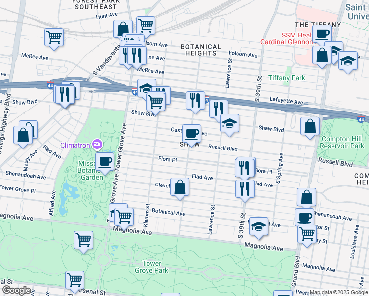 map of restaurants, bars, coffee shops, grocery stores, and more near 4126 Russell Boulevard in St. Louis