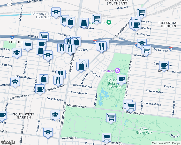 map of restaurants, bars, coffee shops, grocery stores, and more near 2103 Maury Avenue in St. Louis