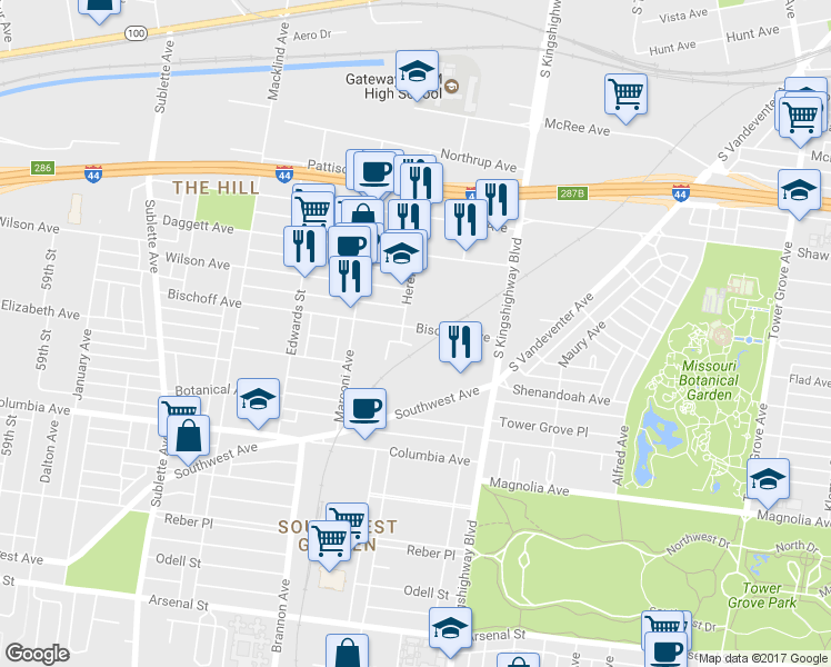 map of restaurants, bars, coffee shops, grocery stores, and more near 5004 Bischoff Avenue in St. Louis
