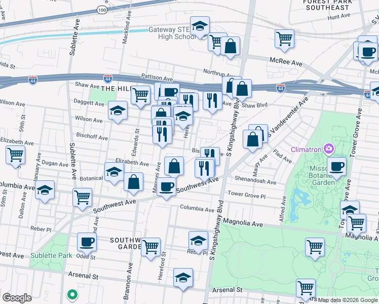 map of restaurants, bars, coffee shops, grocery stores, and more near 5004 Bischoff Avenue in St. Louis