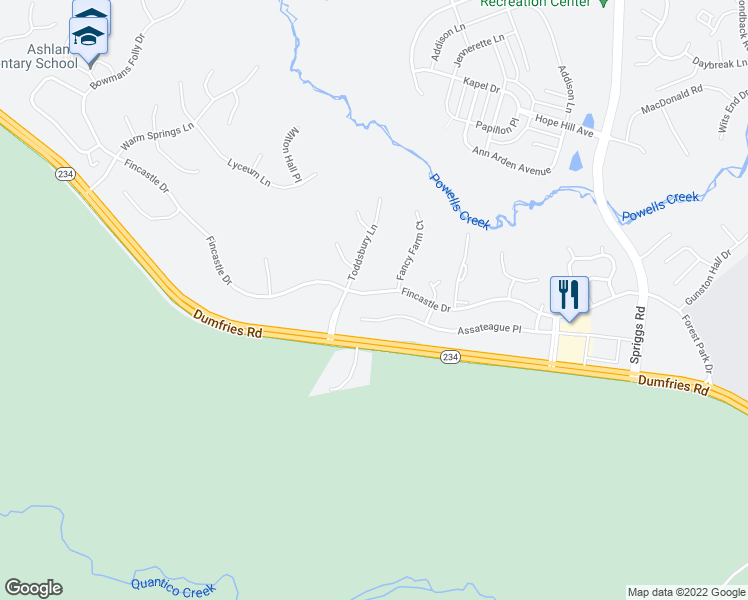 map of restaurants, bars, coffee shops, grocery stores, and more near 5843 Fincastle Drive in Manassas