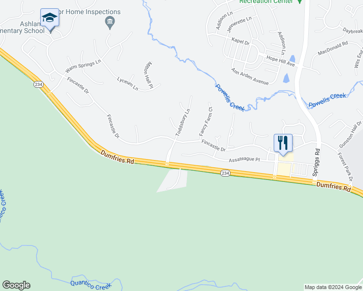 map of restaurants, bars, coffee shops, grocery stores, and more near 5855 Fincastle Drive in Manassas