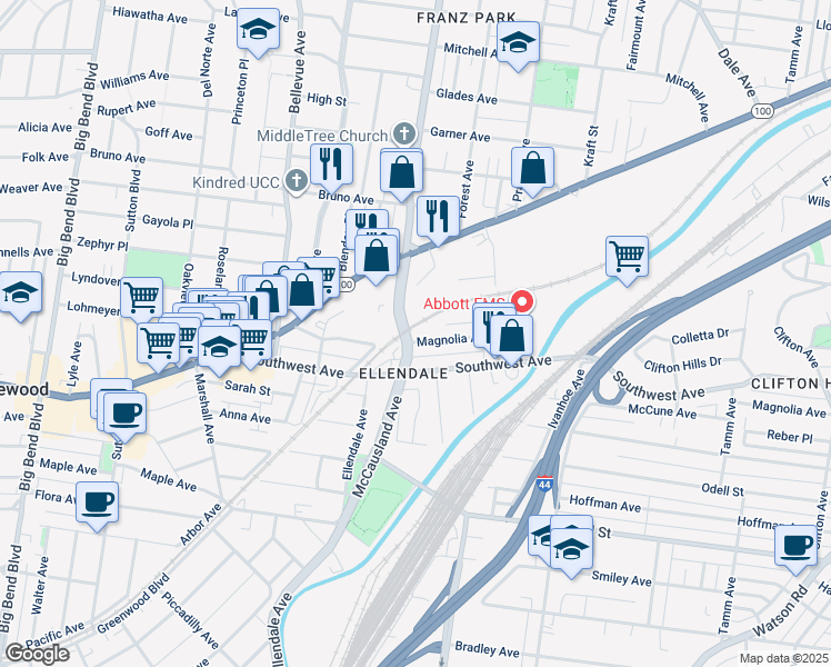 map of restaurants, bars, coffee shops, grocery stores, and more near 6945 Magnolia Avenue in St. Louis