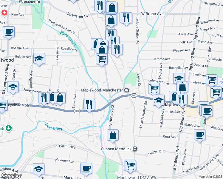 map of restaurants, bars, coffee shops, grocery stores, and more near 2680 South Hanley Road in St. Louis