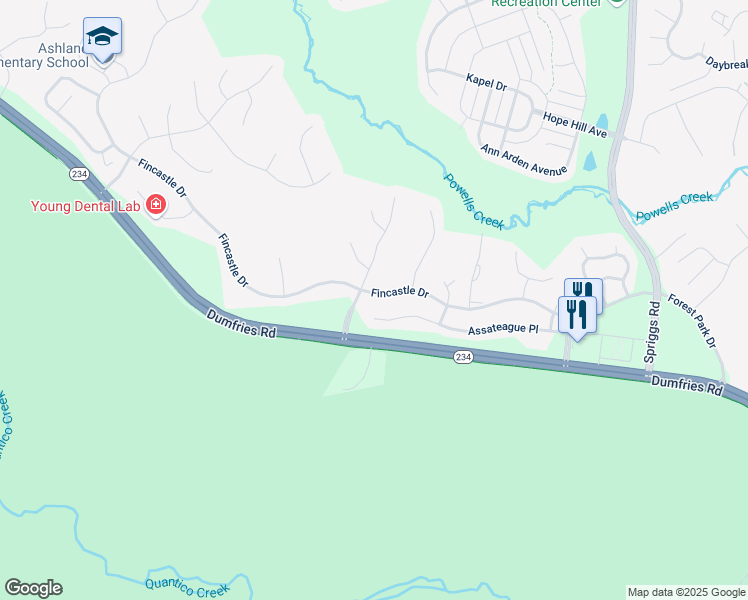 map of restaurants, bars, coffee shops, grocery stores, and more near 5855 Fincastle Drive in Manassas