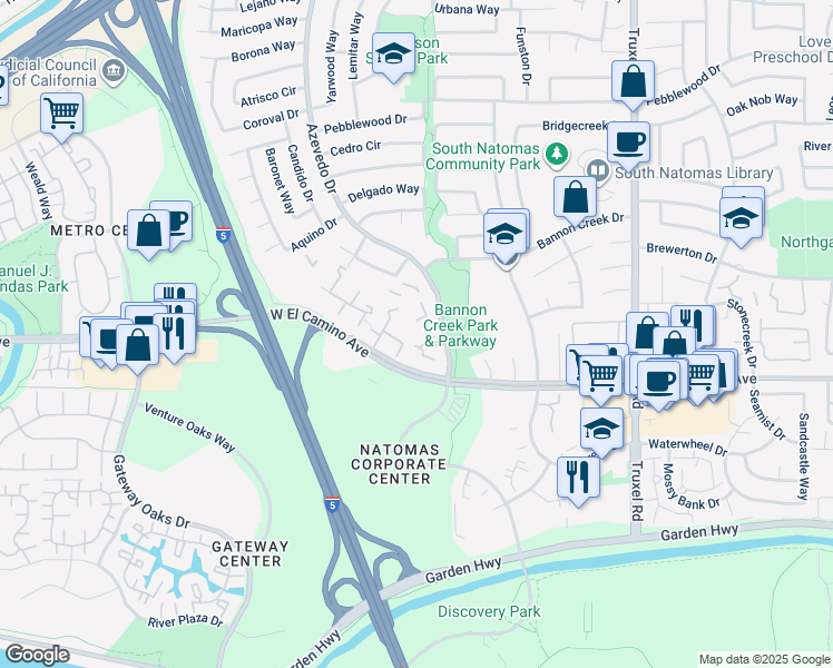 map of restaurants, bars, coffee shops, grocery stores, and more near 2025 West El Camino Avenue in Sacramento
