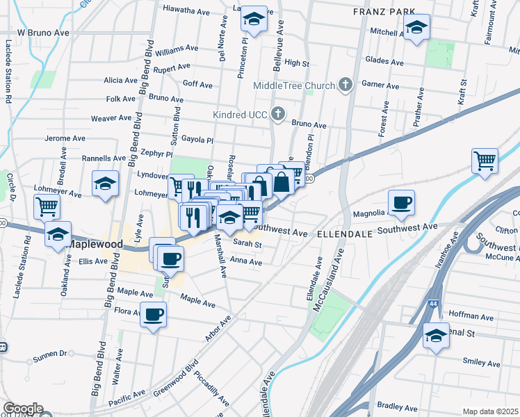 map of restaurants, bars, coffee shops, grocery stores, and more near 2627 Hope Avenue in Maplewood