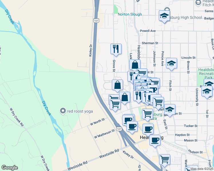 map of restaurants, bars, coffee shops, grocery stores, and more near 195 Foss Creek Circle in Healdsburg