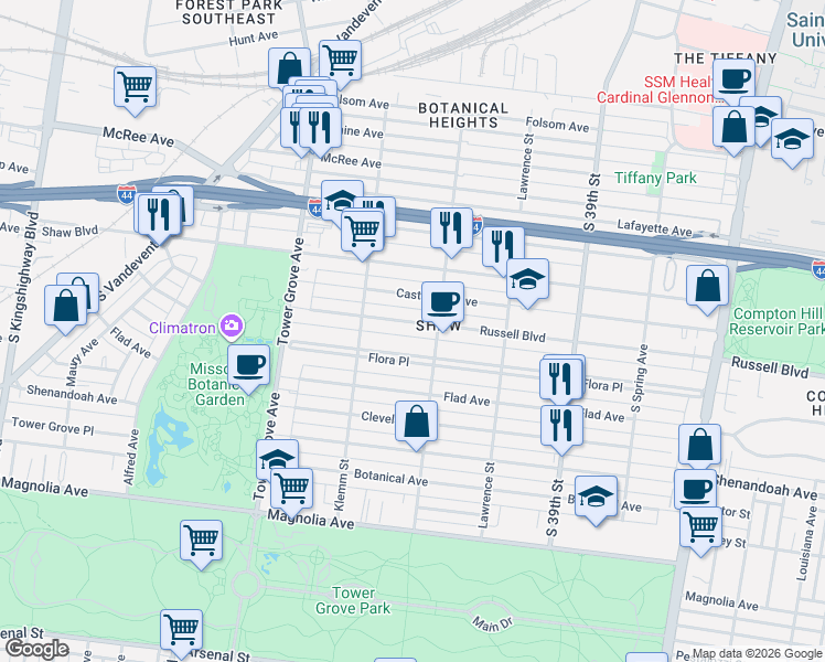 map of restaurants, bars, coffee shops, grocery stores, and more near 4126 Russell Boulevard in St. Louis