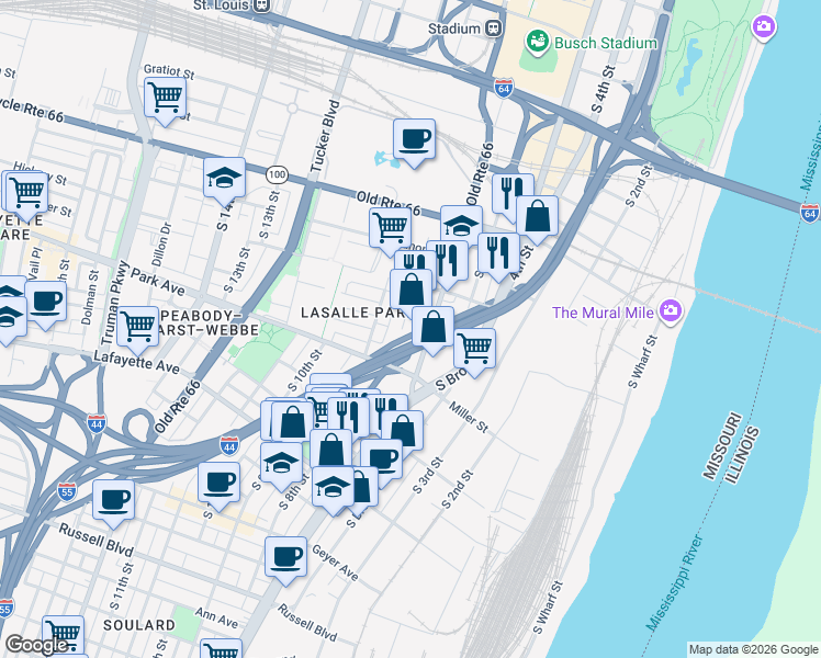 map of restaurants, bars, coffee shops, grocery stores, and more near 1246 South 8th Street in St. Louis