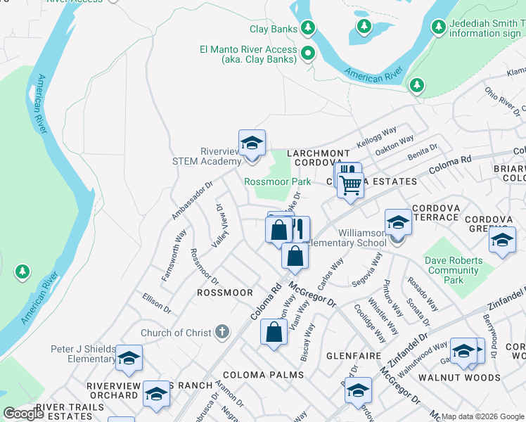 map of restaurants, bars, coffee shops, grocery stores, and more near 10642 Van Stralen Way in Rancho Cordova
