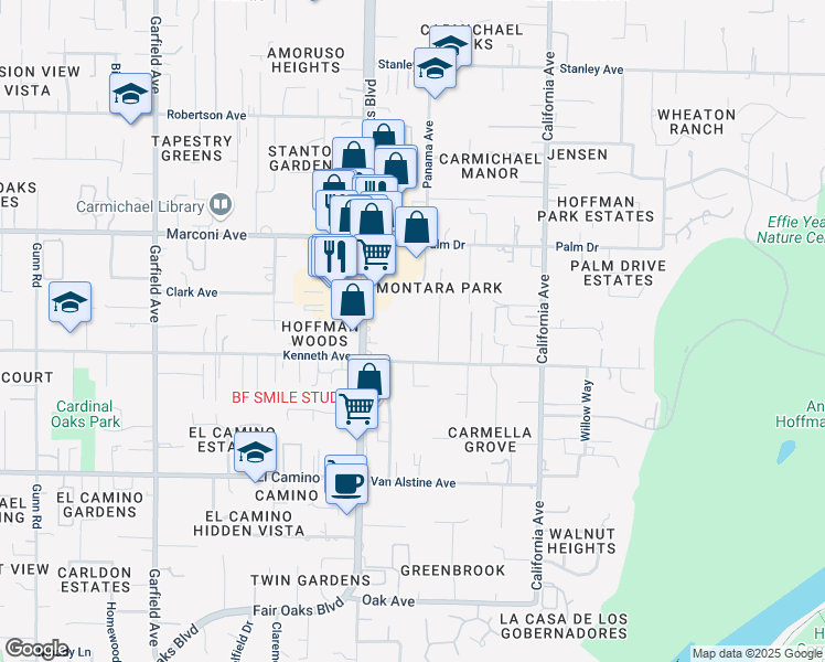 map of restaurants, bars, coffee shops, grocery stores, and more near 6242 Fair Oaks Boulevard in Carmichael