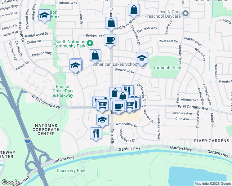map of restaurants, bars, coffee shops, grocery stores, and more near 1588 Newborough Drive in Sacramento