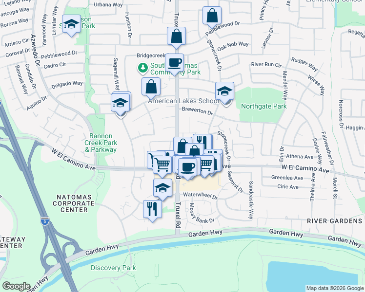map of restaurants, bars, coffee shops, grocery stores, and more near 1588 Newborough Drive in Sacramento