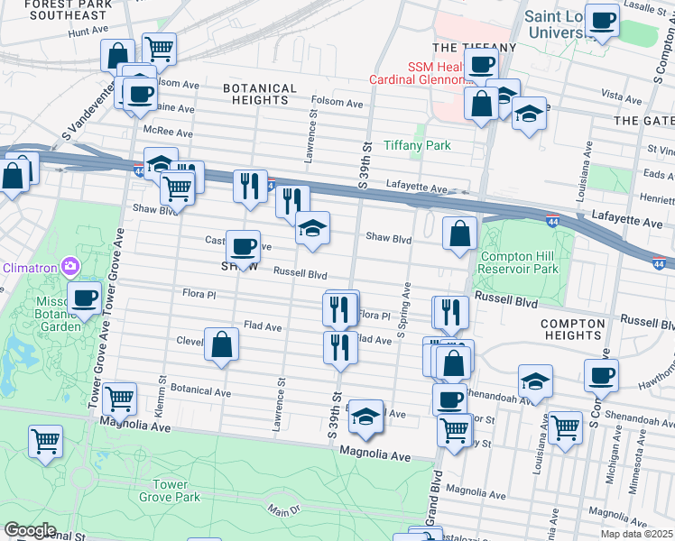 map of restaurants, bars, coffee shops, grocery stores, and more near 3910 Castleman Avenue in St. Louis