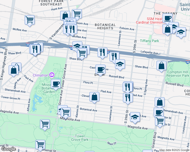 map of restaurants, bars, coffee shops, grocery stores, and more near 4126 Russell Boulevard in St. Louis
