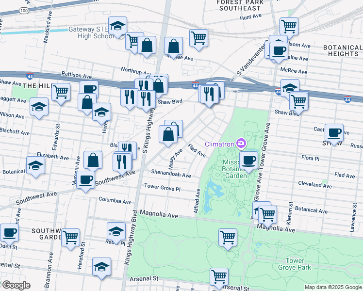 map of restaurants, bars, coffee shops, grocery stores, and more near 2103 Maury Avenue in St. Louis