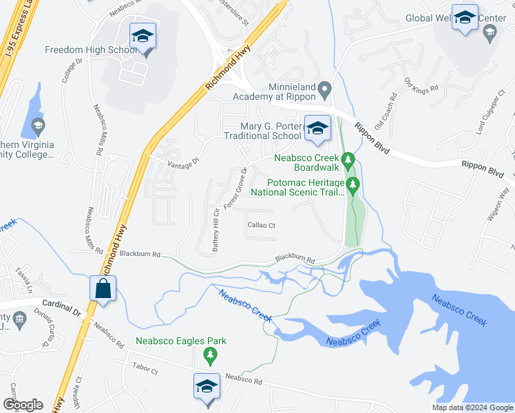 map of restaurants, bars, coffee shops, grocery stores, and more near 2174 Armitage Court in Woodbridge