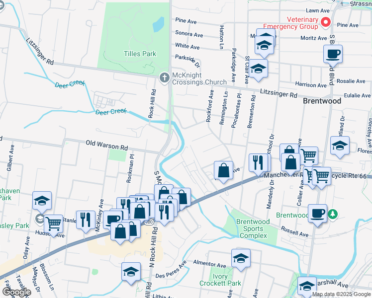 map of restaurants, bars, coffee shops, grocery stores, and more near 2532 Rock Hill Industrial Ct in St Louis