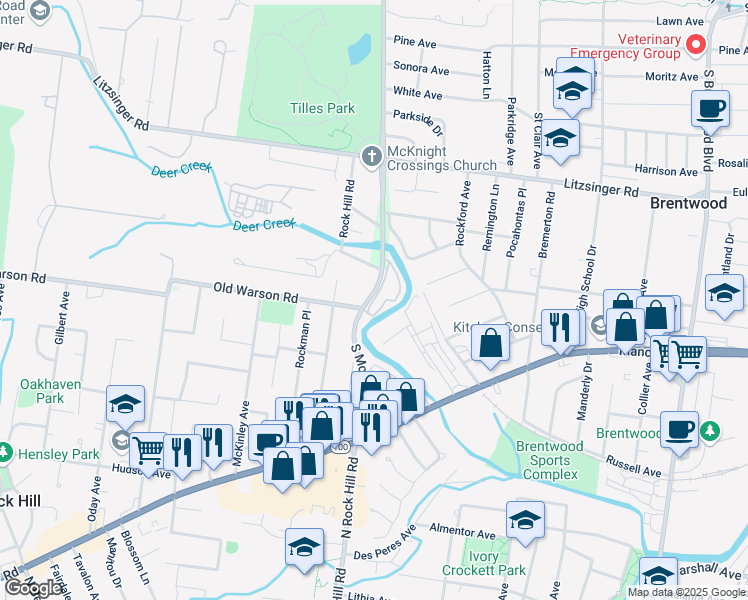 map of restaurants, bars, coffee shops, grocery stores, and more near 2770 Mcknight Crossing Court in St. Louis