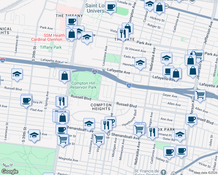 map of restaurants, bars, coffee shops, grocery stores, and more near 3226 Geyer Avenue in St. Louis