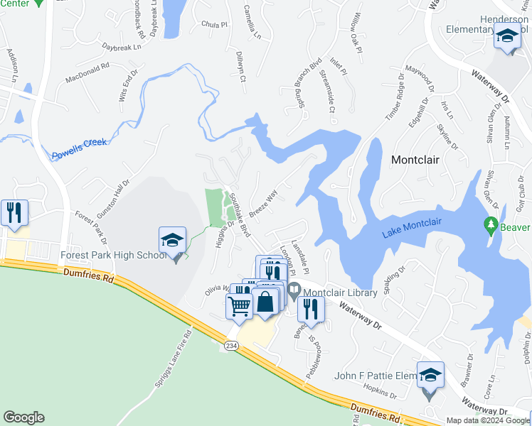 map of restaurants, bars, coffee shops, grocery stores, and more near 15574 Catamaran Court in Dumfries
