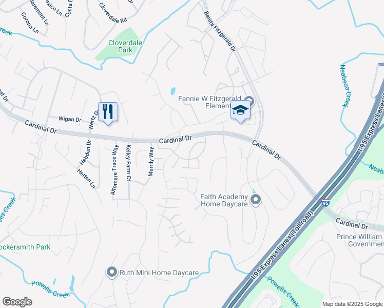 map of restaurants, bars, coffee shops, grocery stores, and more near 15545 Travailer Court in Woodbridge