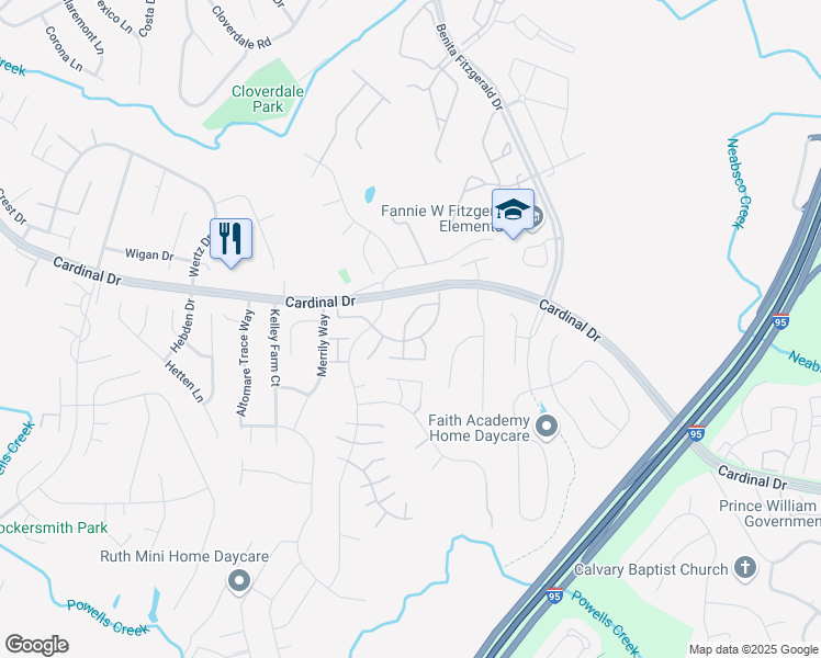 map of restaurants, bars, coffee shops, grocery stores, and more near 15545 Travailer Court in Woodbridge