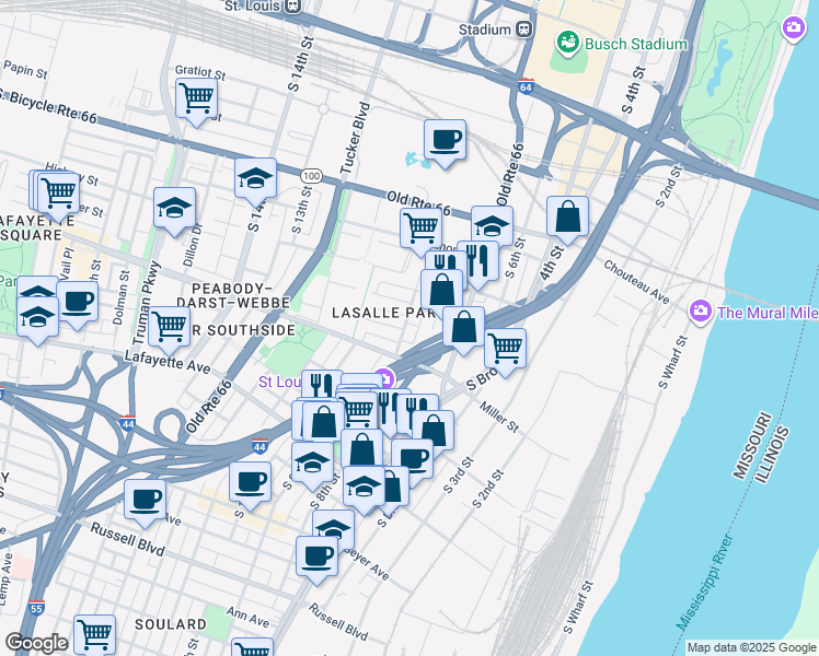 map of restaurants, bars, coffee shops, grocery stores, and more near 1302 South 9th Street in St. Louis
