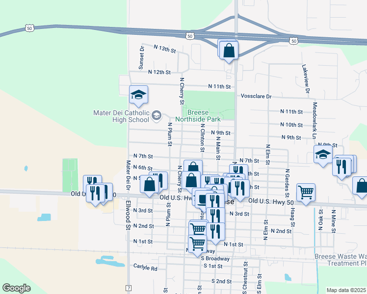 map of restaurants, bars, coffee shops, grocery stores, and more near 412 North 8th Street in Breese