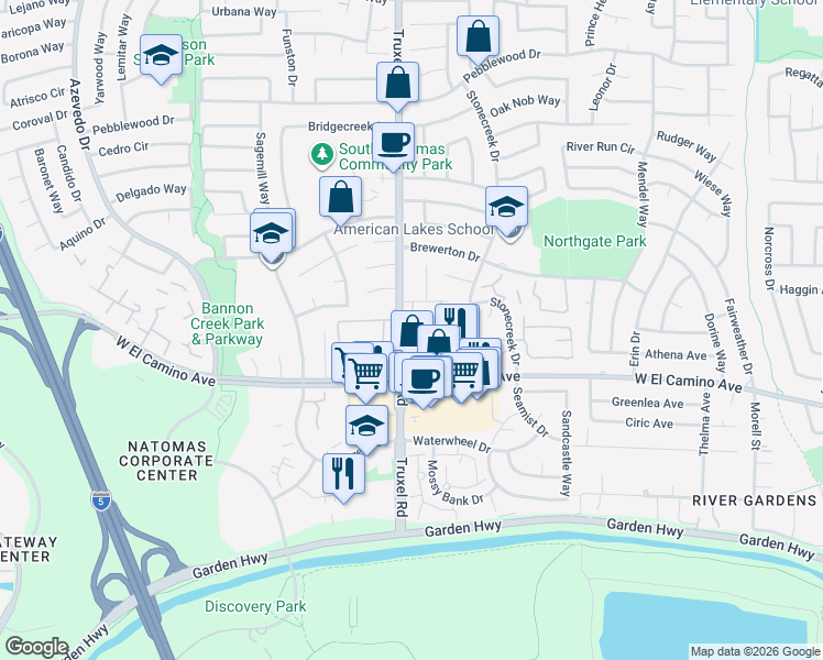 map of restaurants, bars, coffee shops, grocery stores, and more near 1588 Newborough Drive in Sacramento