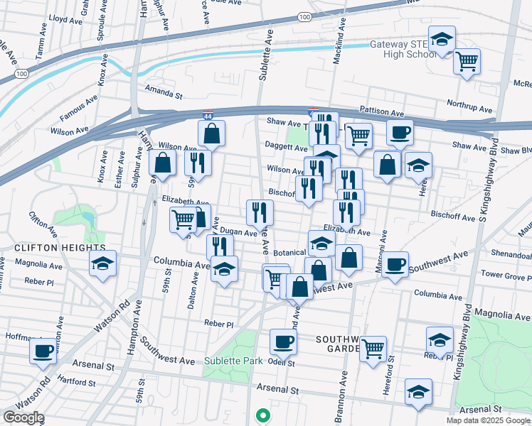 map of restaurants, bars, coffee shops, grocery stores, and more near 5478 Dempsey Avenue in St. Louis