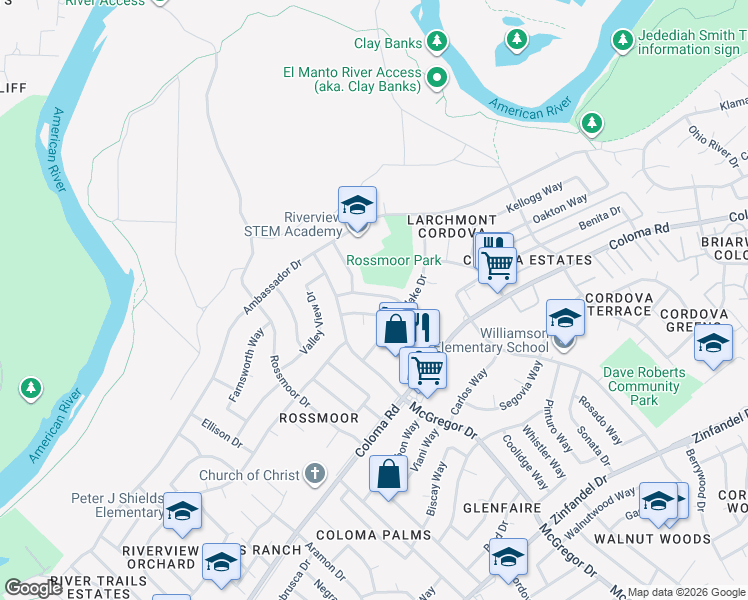 map of restaurants, bars, coffee shops, grocery stores, and more near 10642 Van Stralen Way in Rancho Cordova