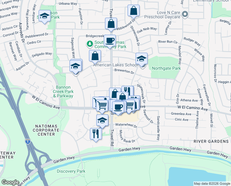 map of restaurants, bars, coffee shops, grocery stores, and more near 1588 Newborough Drive in Sacramento