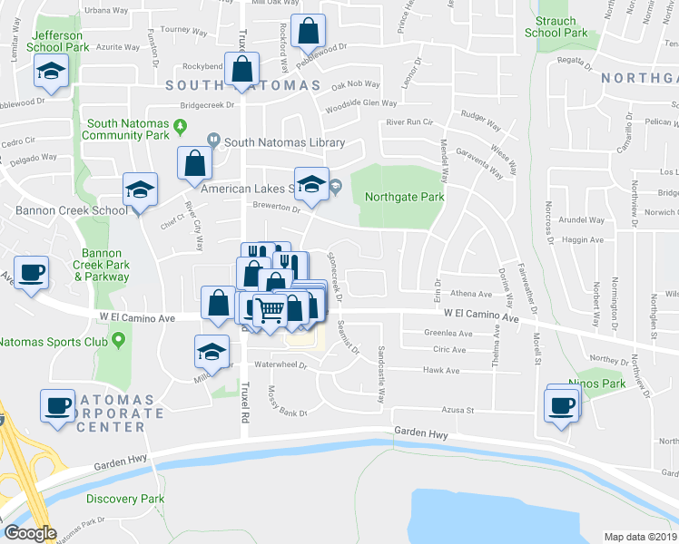 map of restaurants, bars, coffee shops, grocery stores, and more near 2684 Stonecreek Drive in Sacramento