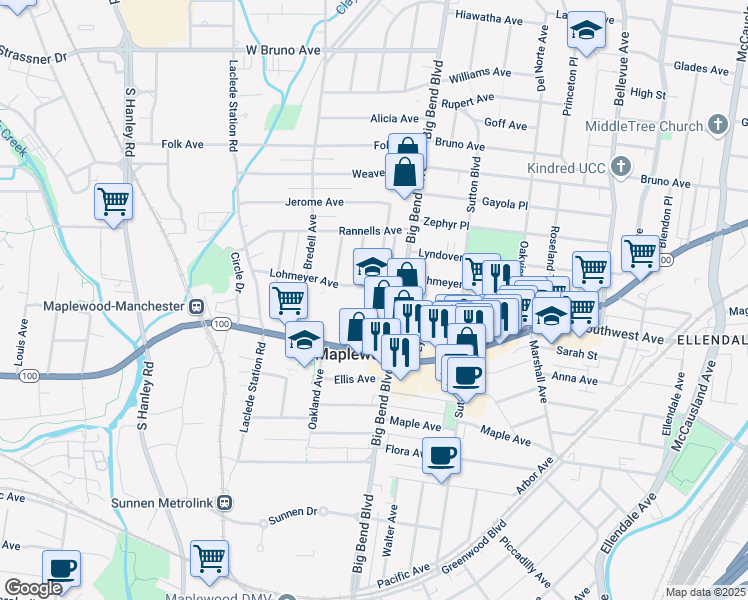 map of restaurants, bars, coffee shops, grocery stores, and more near 7539 Manchester Road in Maplewood