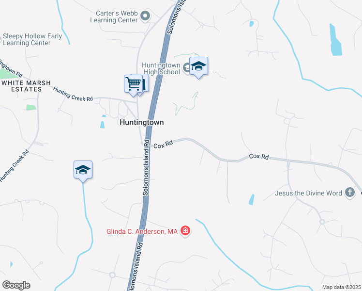 map of restaurants, bars, coffee shops, grocery stores, and more near 121 Cox Rd in Huntingtown